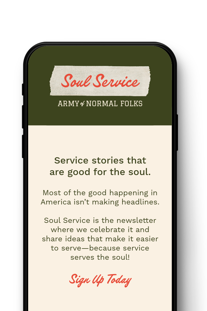 Soul Service newsletter shown on a phone